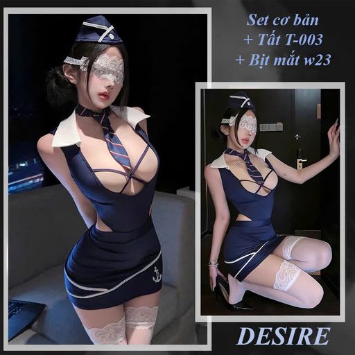 ✨ SET COSPLAY TẾT/TIẾP VIÊN HÀNG KHÔNG XANH TÍM THAN - DESIRE STORE VN-9680 Set cơ bản + tất t-003 = bit mắt w23 - Available variant