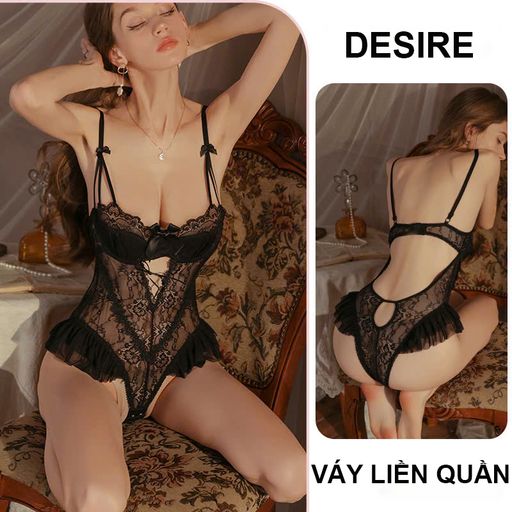 Váy ngủ ren liền thân có mút ngực Bodysuit ren DESIRE VN-8990-1 Đen - Available variant