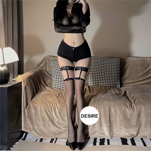 Tất đùi nữ phối ren phong cách gợi cảm sexy cosplay phòng the DESIRE W15 Tất Đen đai đen - Available variant