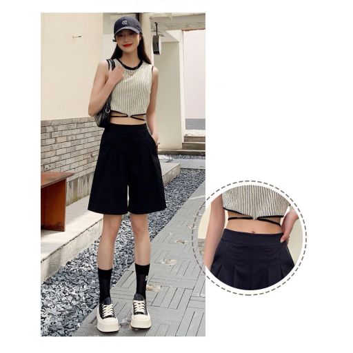 Quần đùi quần short dáng chữ A lưng cao vải lụa lạnh nhẹ nhàng phong cách thể thao QN-08 Đen M - Available variant