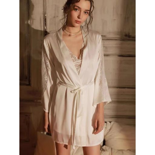 Áo choàng ngủ lụa choàng cô dâu Bride phối ren cực quyến rũ VN-780 Áo choàng trắng - Available variant
