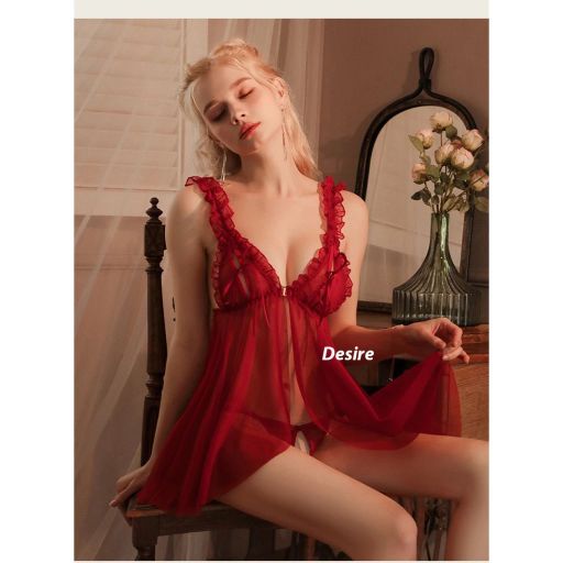 Váy ngủ ren sexy cài trước xẻ trước kèm chip chất ren mềm mịn VN-8471 Đỏ M - Available variant