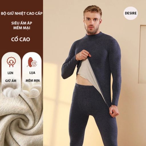 Đồ bộ giữ nhiệt nam lót Len Cashmere cổ cao ấm áp mùa đông cao cấp siêu nhẹ dành cho nam giới DGN-03 Xanh Navy cổ cao XL - Available variant