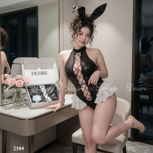 Váy ngủ cosplay cô nàng thỏ chất liệu da bóng phối lưới cao cấp DESIRE VN-2104 Set ko tất M - Available variant