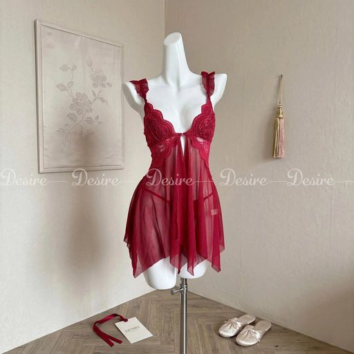 Váy Ngủ Ren Cài Trước Xuyên Thấu Có Mút Đệm Ngực Sexy Kèm Quần Chip DESIRE VN-1052-1 Đỏ - Available variant