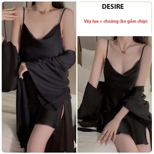 Set Váy ngủ lụa và áo choàng hai dây cổ đổ cao cấp gợi cảm kèm áo choàng Desire VN-1910 Váy lụa + Choàng Đen M - Available variant