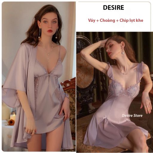 Váy ngủ nữ lụa hai dây cánh tiên phong cách sexy gợi cảm chất mềm mịn DESIRE VN-214 Váy + choàng tím M - Available variant