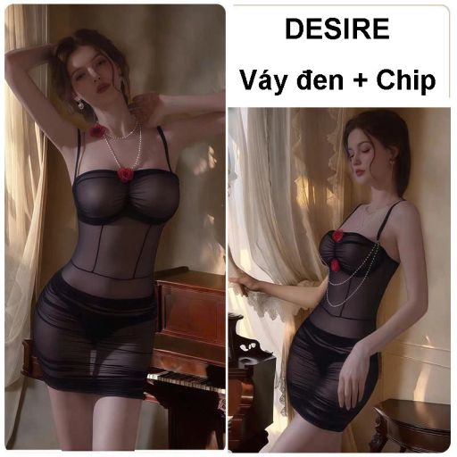 Váy Ngủ Sexy Quyến Rũ Ôm Body Xuyên Thấu Voan Mỏng Hai Dây Cao Cấp DESIRE 376 Đen + Chip - Available variant