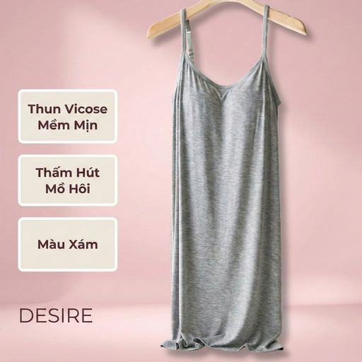 Váy đầm hai dây thun Vicose mềm mịn có đệm mút ngực và tăng đơ DESIRE VNN-0072 Xám M - Available variant