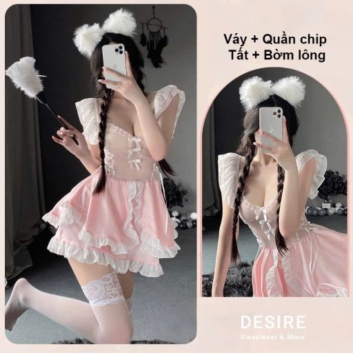 Bộ đồ Cosplay Lolita hầu gái gợi cảm, sexy chất thun mềm cao cấp DESIRE VN-2591 Set Hồng + Bờm +Tất M - Available variant