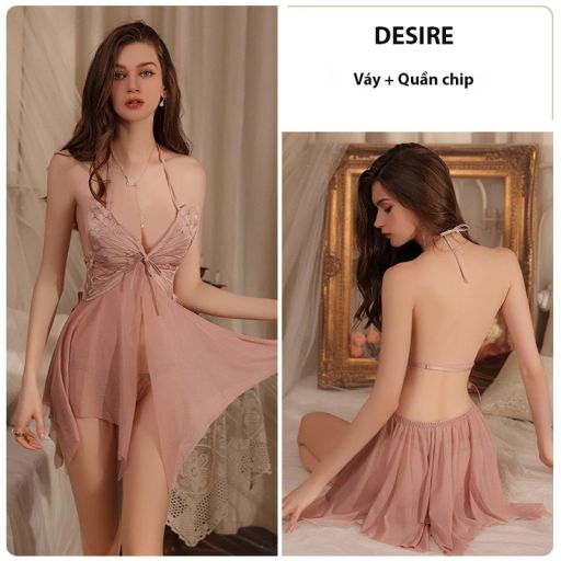 Váy ngủ ren xuyên thấu xẻ trước hở lưng mềm mại gợi cảm sexy kèm chip VN-3713 Nâu Nude Freesize 40-63kg - Available variant