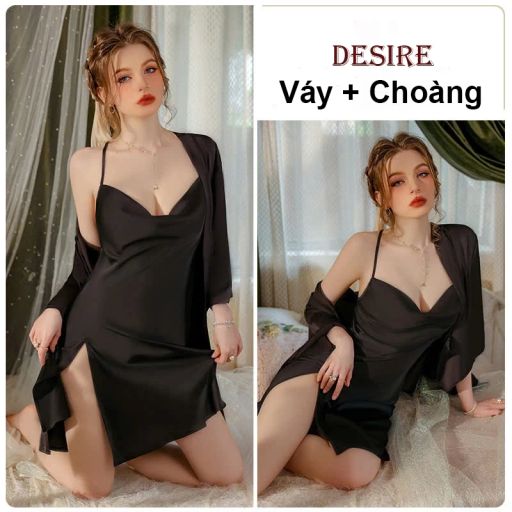 Váy ngủ lụa hai dây cổ đổ cột dây cao cấp chất lụa satin mềm mịn hàng chuẩn Guiruo DESIRE VN-3430 Váy + Choàng Đen M - Available variant