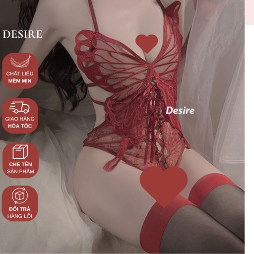 Desire Store, BODYSUIT REN CÁNH BƯỚM ĐAN DÂY BỤNG RED WINE - DESIRE STORE  4009  (Red Wine Lace Butterfly Bodysuit with Lace-Up Waist - DESIRE STORE  VN-4009) - 200.000 ₫
