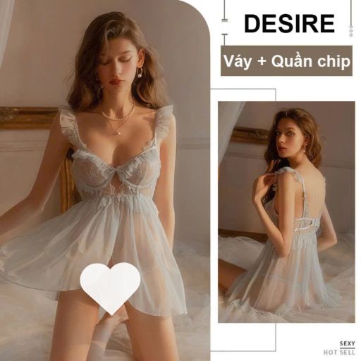Váy ngủ ren cao cấp có gọng chất mềm mịn kèm chip DESIRE VN-1845 Xanh min - Available variant