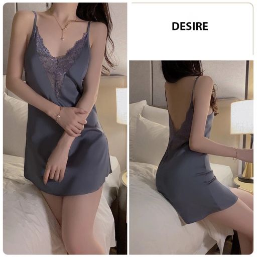 Váy ngủ lụa cổ V mềm mịn hàng chính hãng GUIRUO form chuẩn sexy Desire VN-1906 Váy xanh ghi XL - Available variant