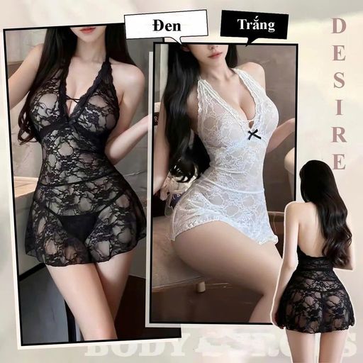 Desire Store, Váy Ngủ Ren Quyến Rũ Cổ Yếm Hở Lưng Cao Cấp - Đầm Ngủ Sexy Xuyên Thấu Kèm Quần Chíp DESIRE 1246 (Premium Halter-Neck Open-Back Lace Nightgown – Ultra-Sheer, Sexy Lingerie Dress with Matching Panties DESIRE 1246) - 250.000 ₫