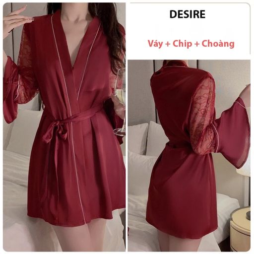 Váy ngủ lụa Đầm ngủ hai dây áo choàng lụa phối ren gợi cảm sexy chính hãng Guiruo QC cao cấp DESIRE VN-1170-1 Váy + choàng đỏ L - Available variant