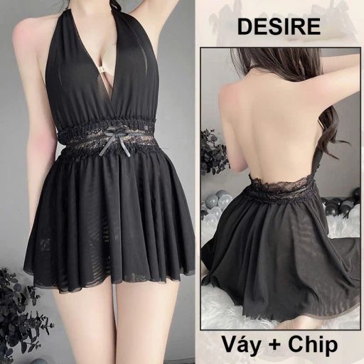 Váy ngủ Đầm ngủ ren phối kiểu dáng yếm kèm chip DESIRE VN-1026 Đen - Available variant