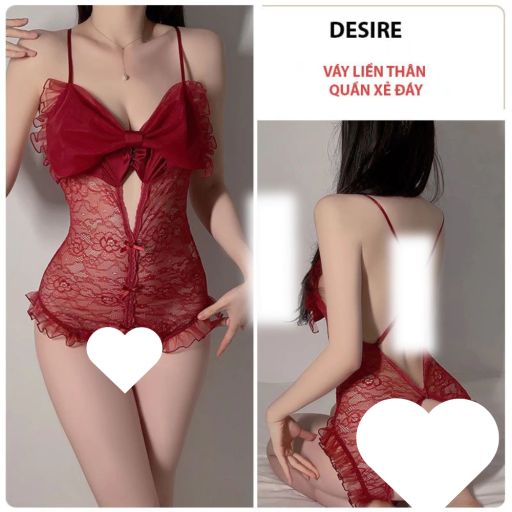 Váy ngủ ren bodysuit liền thân nơ quần xẻ đáy hở lưng gợi cảm ren cao cấp Desire VN-2723 Đỏ XL (60-70kg) - Available variant