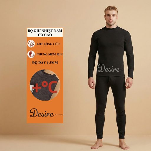 Đồ bộ giữ nhiệt nam lót Len Cashmere cổ tròn ấm áp mùa đông cao cấp siêu nhẹ DGN-02 Bộ Cổ cao Đen L - Available variant