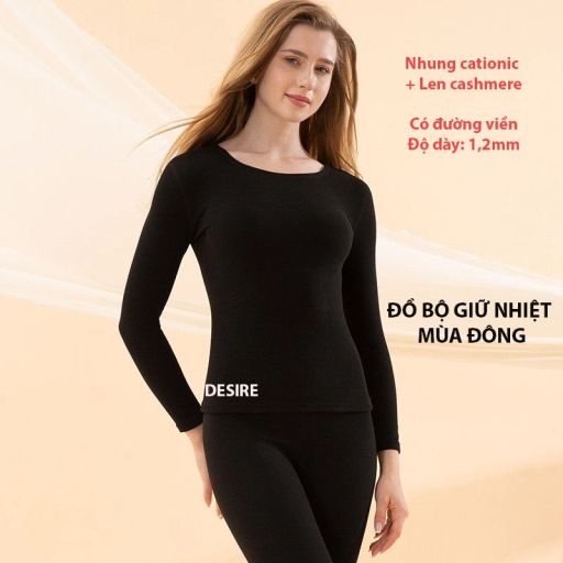 Đồ bộ giữ nhiệt nữ giới mùa đông siêu nhẹ ấm áp vải Nhung lót Len Cashmere không đường viền AGN-002 Màu Đen có viền M (35-48 KG) - Available variant