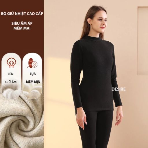 Bộ Giữ Nhiệt Nữ Cổ Cao Dày Ấm Áp Vải Nhung Lót Len Cashmere AGN-003 Màu Đen cổ cao 3XL - Available variant