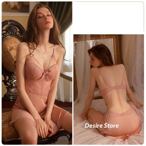 Set váy ngủ lụa và áo choàng có mút ngực cut out lưng gợi cảm DESIRE VN-2044 Váy Hồng M - Available variant