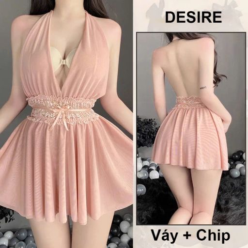Váy ngủ Đầm ngủ ren phối kiểu dáng yếm kèm chip DESIRE VN-1026 Hồng - Available variant