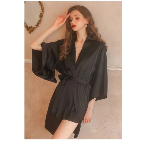 Áo choàng ngủ lụa cao cấp Áo choàng cô dâu gợi cảm Bride hàng loại 1 chính hãng Guiruo VN-1690 Áo choàng Đen - Available variant