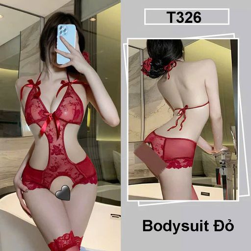 Bodysuit ren - Váy Ngủ liền thân Hoa Xuyên Thấu Hở Sườn Thắt Nơ Sexy T326 Bộ đỏ - Available variant