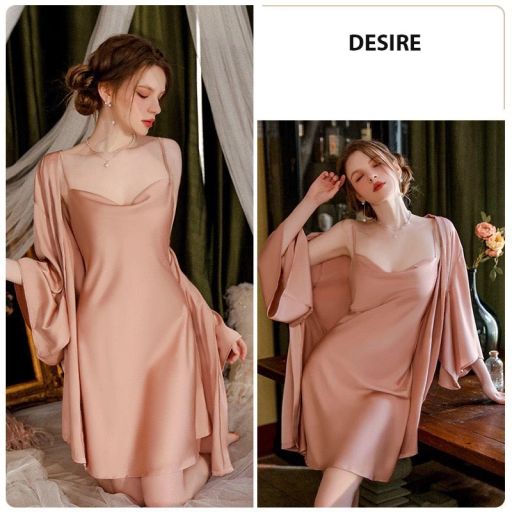 Váy ngủ lụa hai dây cổ đổ gợi cảm Desire VN-1477 Váy hồng + choàng M( 48-54kg) - Available variant