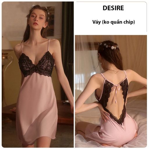 Váy ngủ lụa phối ren cut out lưng gợi cảm có mút ngực DESIRE VN-2621 Hồng M - Available variant