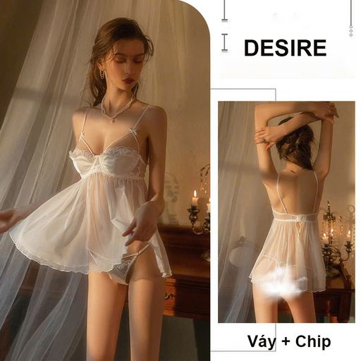 Váy ngủ Đầm ngủ hai dây kèm chip phối ren xuyên thấu gợi cảm sexy DESIRE VN-1755 Trắng - Available variant