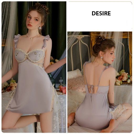Váy ngủ lụa hai dây cao cấp có mút ngực cột dây lưng VN-3559-2 Tím nhạt M (40-55kg) - Available variant
