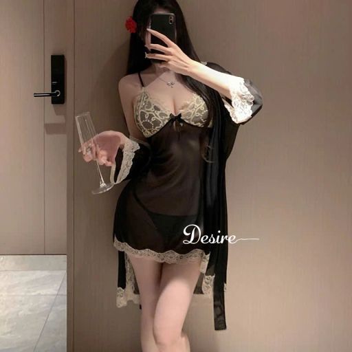 Set Váy ngủ ren, Áo choàng và Quần lót ren DESIRE VN-1078 Đen - Available variant