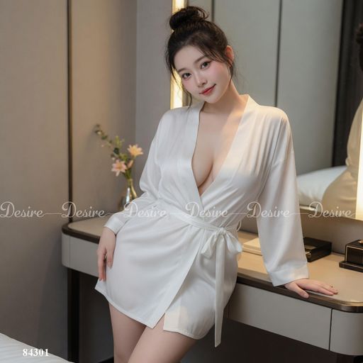 Áo choàng ngủ lụa tay ống rộng cao cấp Áo choàng cô dâu gợi cảm Bride hàng loại 1 VN-84301 Trắng - Available variant