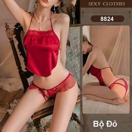 Bồ đồ ngủ yếm lụa phối ren cột dây sexy gợi cảm Hàng loại 1 DESIRE VN-8824 Bộ Đỏ M - Available variant