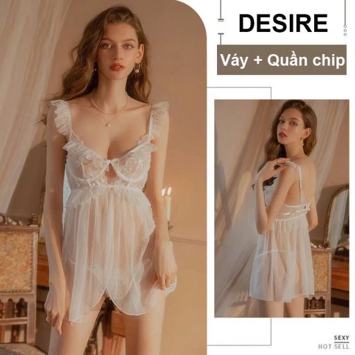 Váy ngủ ren cao cấp có gọng chất mềm mịn kèm chip DESIRE VN-1845 Trắng - Available variant