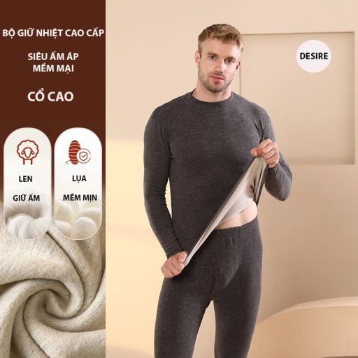 Đồ bộ giữ nhiệt nam lót Len Cashmere cổ cao ấm áp mùa đông cao cấp siêu nhẹ dành cho nam giới DGN-03 Xám cổ cao XL - Available variant