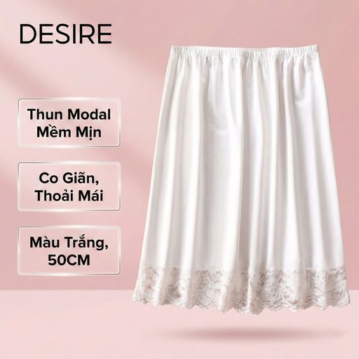 Chân Váy lót thun modal  (gỗ sồi) dáng xòe rộng thoải mái - Chân váy mặc lót thun mịn mát Desire VN-064 Trắng 50cm viền ren M: 40~52kg - Available variant