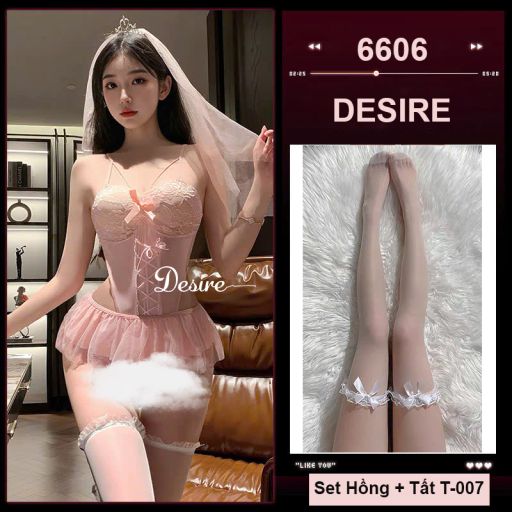 Váy Ngủ Cosplay Cô Dâu Sexy - Bodysuit Ren Khoét Eo Kèm Khăn Voan Vương Miện Cao Cấp DESIRE VN-6606-1 Set hồng có tất - Available variant