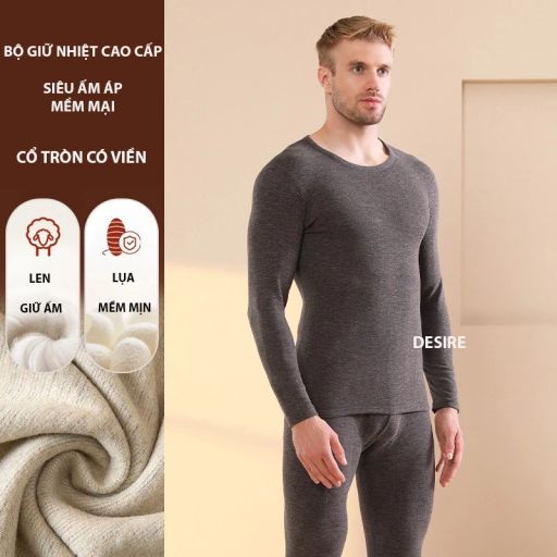 Đồ bộ giữ nhiệt nam lót Len Cashmere cổ tròn ấm áp mùa đông cao cấp siêu nhẹ DGN-02 Bộ cổ tròn viền xám XL - Available variant