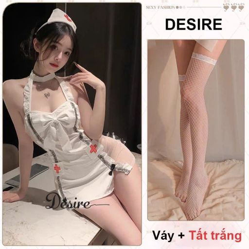 Bộ đồ ngủ Cosplay y tá chất mềm mịn sexy gợi cảm DESIRE VN-2501 Trắng + T-01 trắng F (40-60) - Available variant