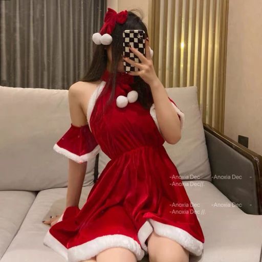 Váy ngủ nhung đỏ Cosplay hầu gái Giáng sinh Noel quyến rũ DESIRE VN-8578 Set cơ bản - Available variant
