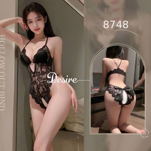 Váy ngủ ren liền thân xẻ đáy cài ngực trước xẻ mông nơ lụa sau gợi cảm sexy DESIRE VN-8748-1 Đen M - Available variant