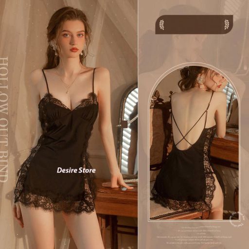 Váy ngủ thun 2 dây phối ren hoa xẻ tà gợi cảm Desire VN-8487 Đen Freesize (40-63kg) - Available variant