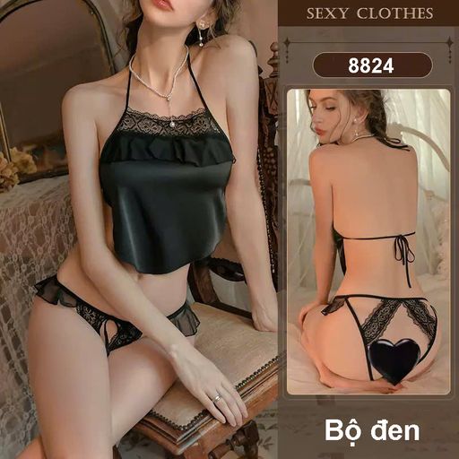 Bồ đồ ngủ yếm lụa phối ren cột dây sexy gợi cảm Hàng loại 1 DESIRE VN-8824 Bộ Đen M - Available variant