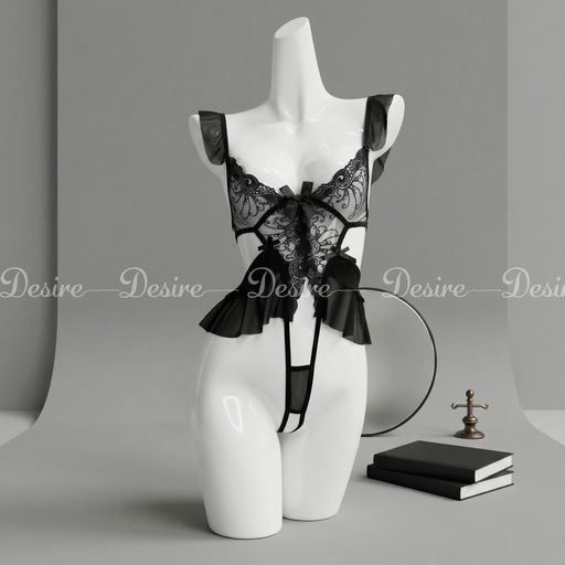 Bộ váy ngủ liền thân Bodysuit chất ren tay áo cánh tiên quần hở đáy sexy gợi cảm VN-8640 Đen - Available variant
