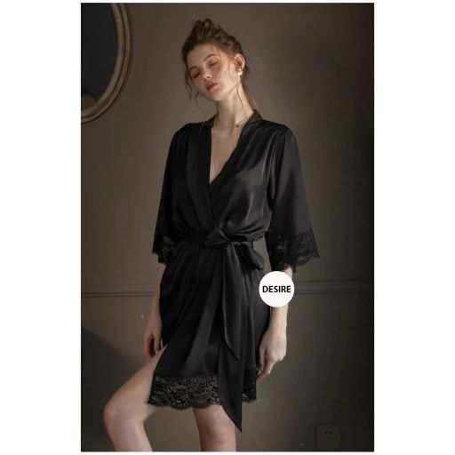Áo choàng ngủ lụa  sang trọng (Ko kèm Váy) Áo choàng cô dâu Bride VN-245 Đen (Ko kèm Váy) M - Available variant