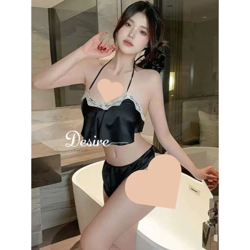 Đồ Bộ Ngủ Lụa Satin Thiết Kế Cổ Yếm Phối Ren Sang Chảnh - Bộ Mặc Nhà 2 Dây Sexy Tôn Dáng DESIRE 8399-1 Đen L (55-68Kg) - Available variant